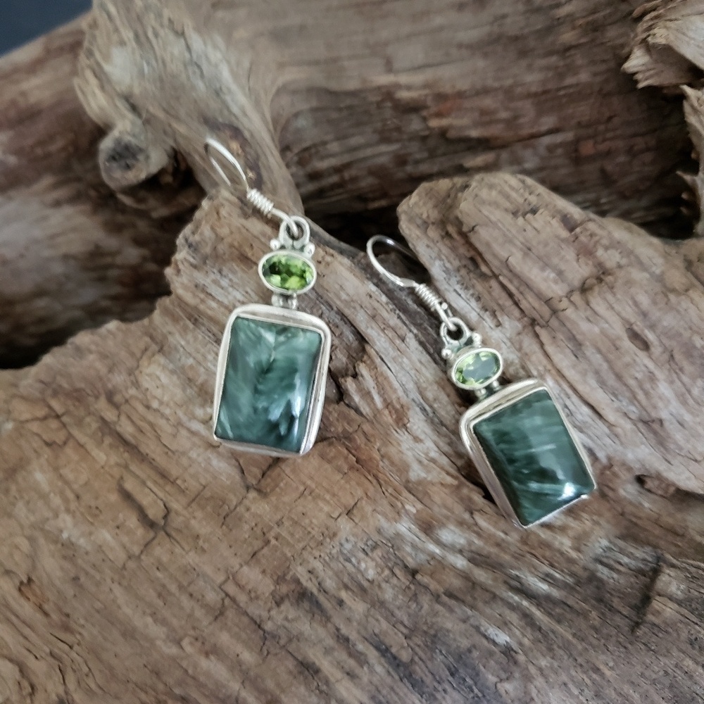Sterling silver Seraphinite and Peridot earrings.